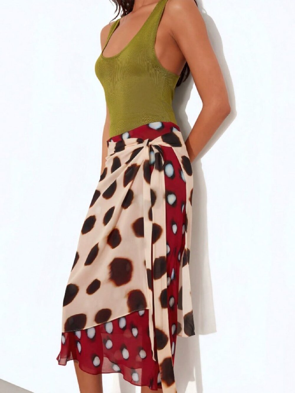 Khaki Casual Women's Polka Dot Wrap Tie Ruffle Bodycon Midi Skirt - Picture 2 of 10